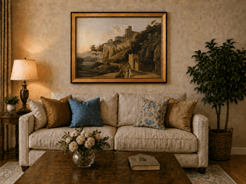 Landscape Oil Painting - Sunlit Hilltop Castle and Figures