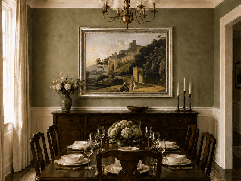 Landscape Oil Painting - Sunlit Hilltop Castle and Figures
