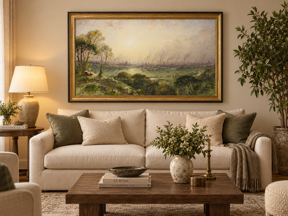 Hand-painted Sunlit Industrial City from Hillside landscape oil painting displayed as wall art in a styled interior