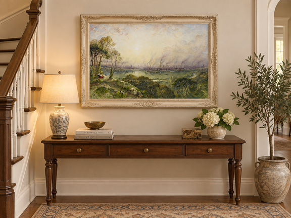 Hand-painted Sunlit Industrial City from Hillside landscape oil painting displayed as wall art in a styled interior