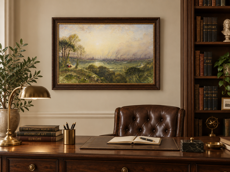 Hand-painted Sunlit Industrial City from Hillside landscape oil painting displayed as wall art in a styled interior