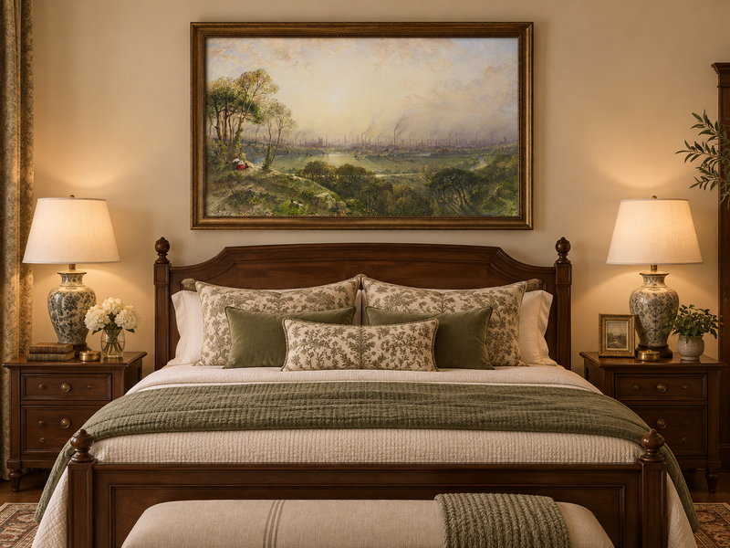Hand-painted Sunlit Industrial City from Hillside landscape oil painting displayed as wall art in a styled interior