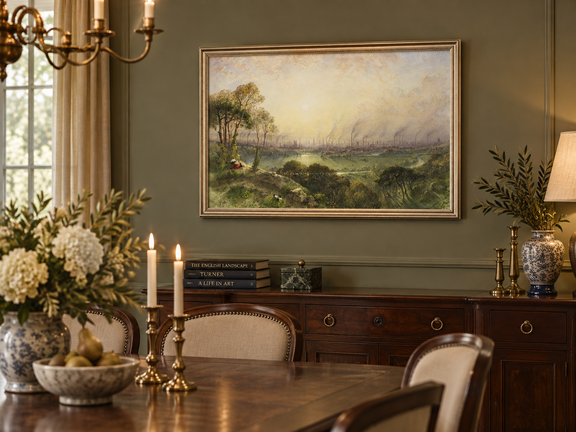 Hand-painted Sunlit Industrial City from Hillside landscape oil painting displayed as wall art in a styled interior