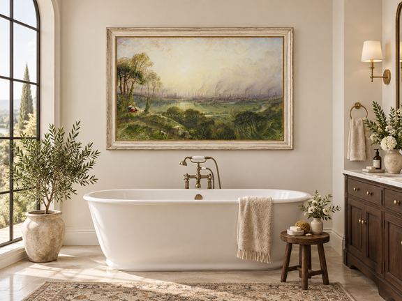 Hand-painted Sunlit Industrial City from Hillside landscape oil painting displayed as wall art in a styled interior