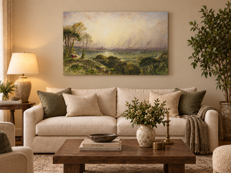 Hand-painted Sunlit Industrial City from Hillside landscape oil painting displayed as wall art in a styled interior