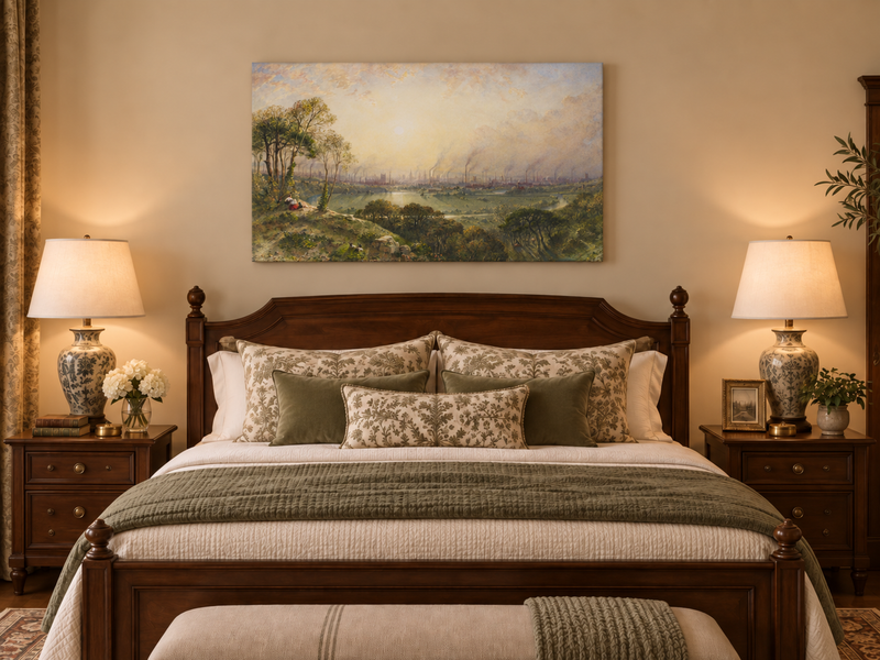 Hand-painted Sunlit Industrial City from Hillside landscape oil painting displayed as wall art in a styled interior