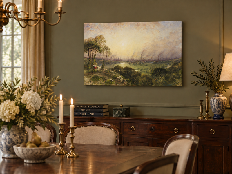 Hand-painted Sunlit Industrial City from Hillside landscape oil painting displayed as wall art in a styled interior