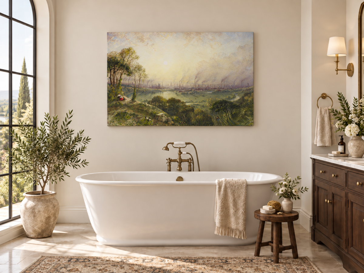 Hand-painted Sunlit Industrial City from Hillside landscape oil painting displayed as wall art in a styled interior