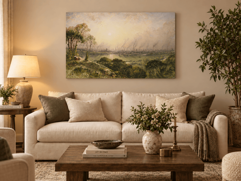Hand-painted Sunlit Industrial City from Hillside landscape oil painting displayed as wall art in a styled interior