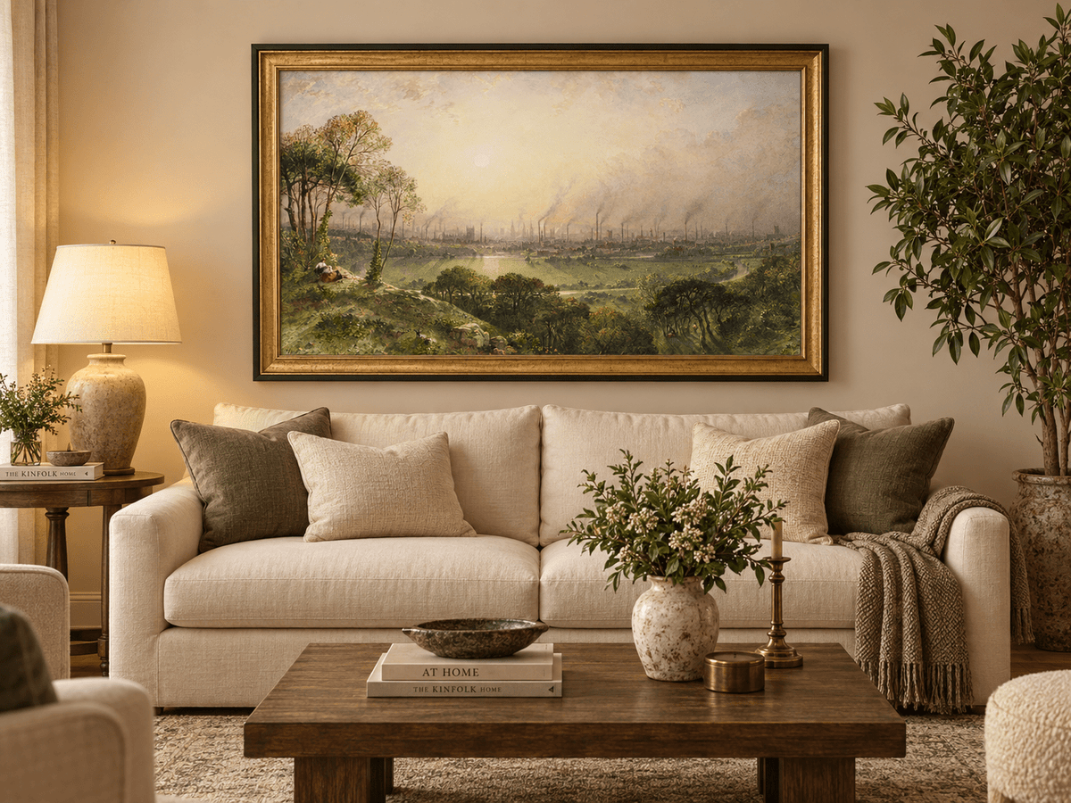 Hand-painted Sunlit Industrial City from Hillside landscape oil painting displayed as wall art in a styled interior