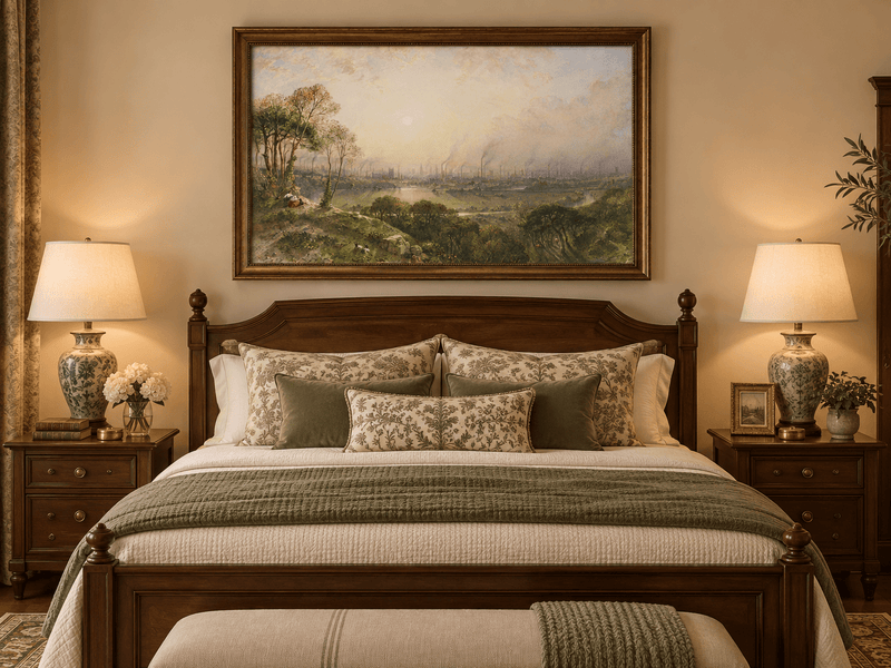 Hand-painted Sunlit Industrial City from Hillside landscape oil painting displayed as wall art in a styled interior