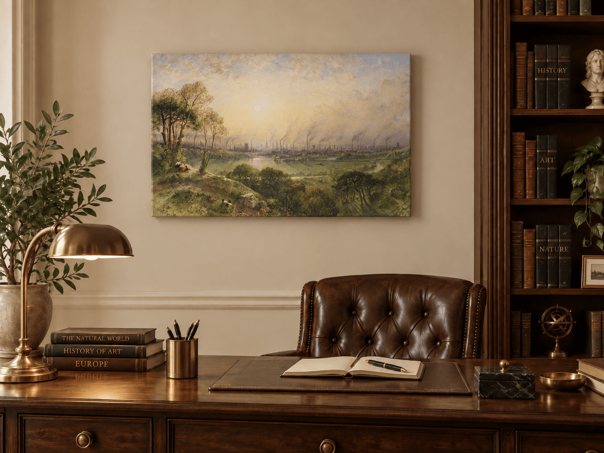 Hand-painted Sunlit Industrial City from Hillside landscape oil painting displayed as wall art in a styled interior