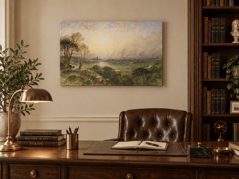 Hand-painted Sunlit Industrial City from Hillside landscape oil painting displayed as wall art in a styled interior