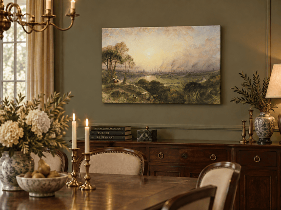 Hand-painted Sunlit Industrial City from Hillside landscape oil painting displayed as wall art in a styled interior