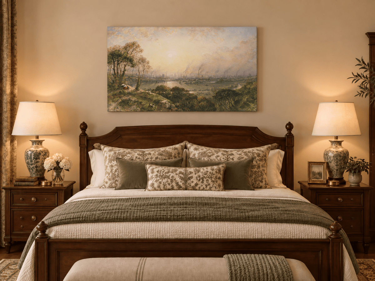 Hand-painted Sunlit Industrial City from Hillside landscape oil painting displayed as wall art in a styled interior