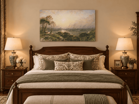 Hand-painted Sunlit Industrial City from Hillside landscape oil painting displayed as wall art in a styled interior