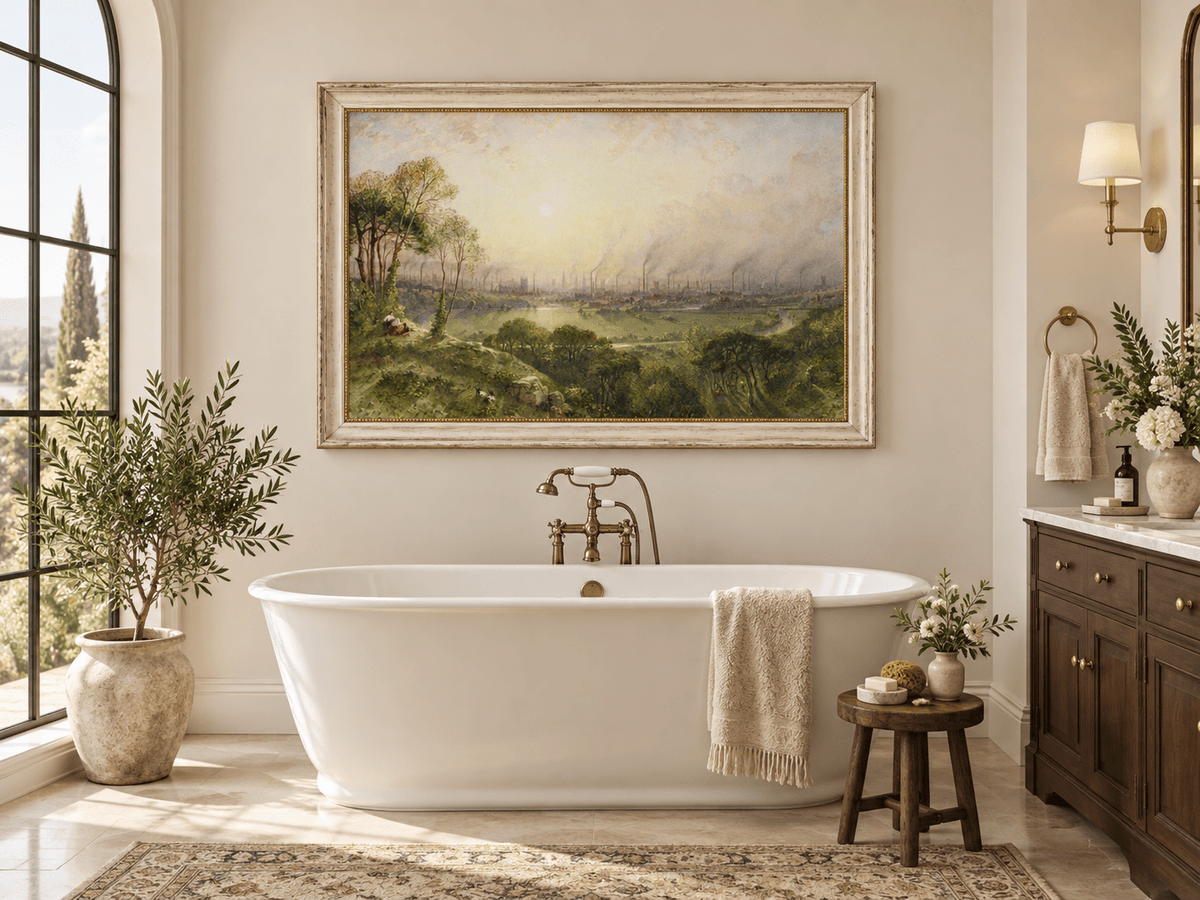 Hand-painted Sunlit Industrial City from Hillside landscape oil painting displayed as wall art in a styled interior