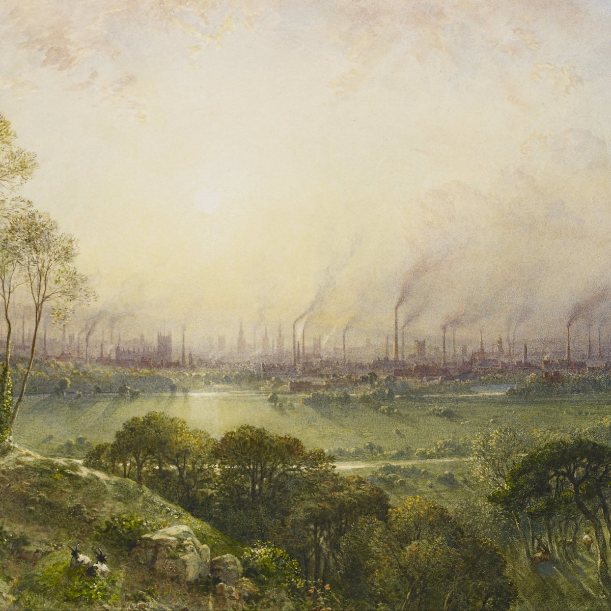 Hand-painted sunlit industrial city from hillside landscape oil painting on canvas