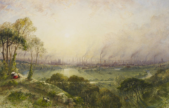 Hand-painted sunlit industrial city from hillside landscape oil painting on canvas