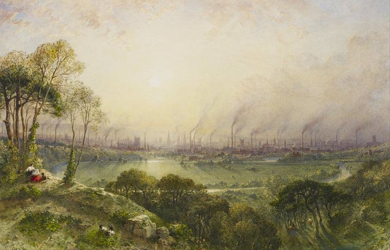 Hand-painted sunlit industrial city from hillside landscape oil painting on canvas