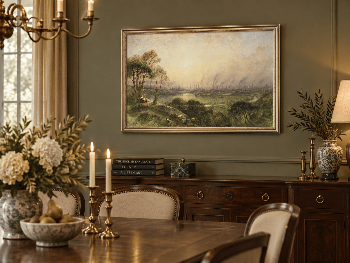 Hand-painted Sunlit Industrial City from Hillside landscape oil painting displayed as wall art in a styled interior