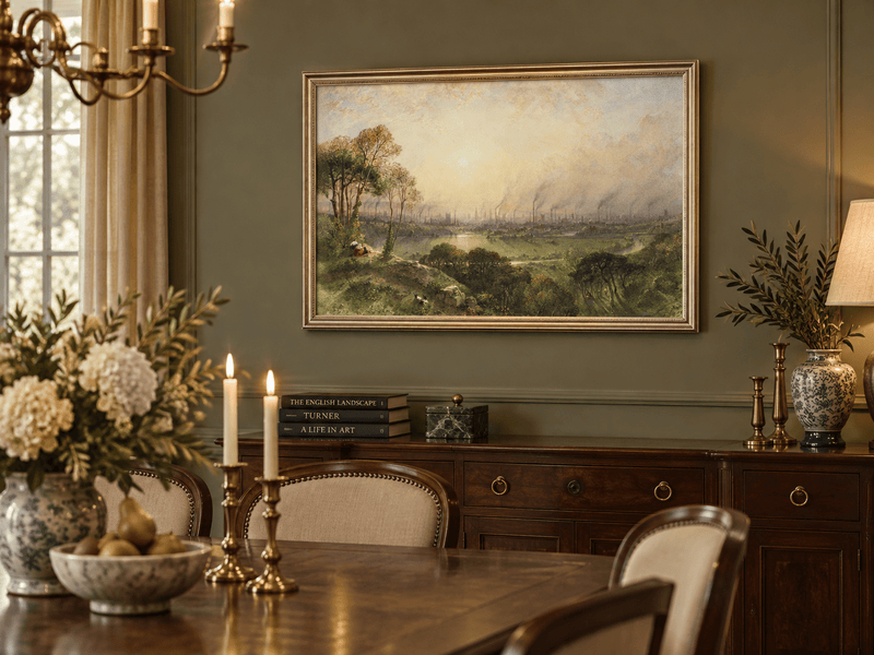 Hand-painted Sunlit Industrial City from Hillside landscape oil painting displayed as wall art in a styled interior