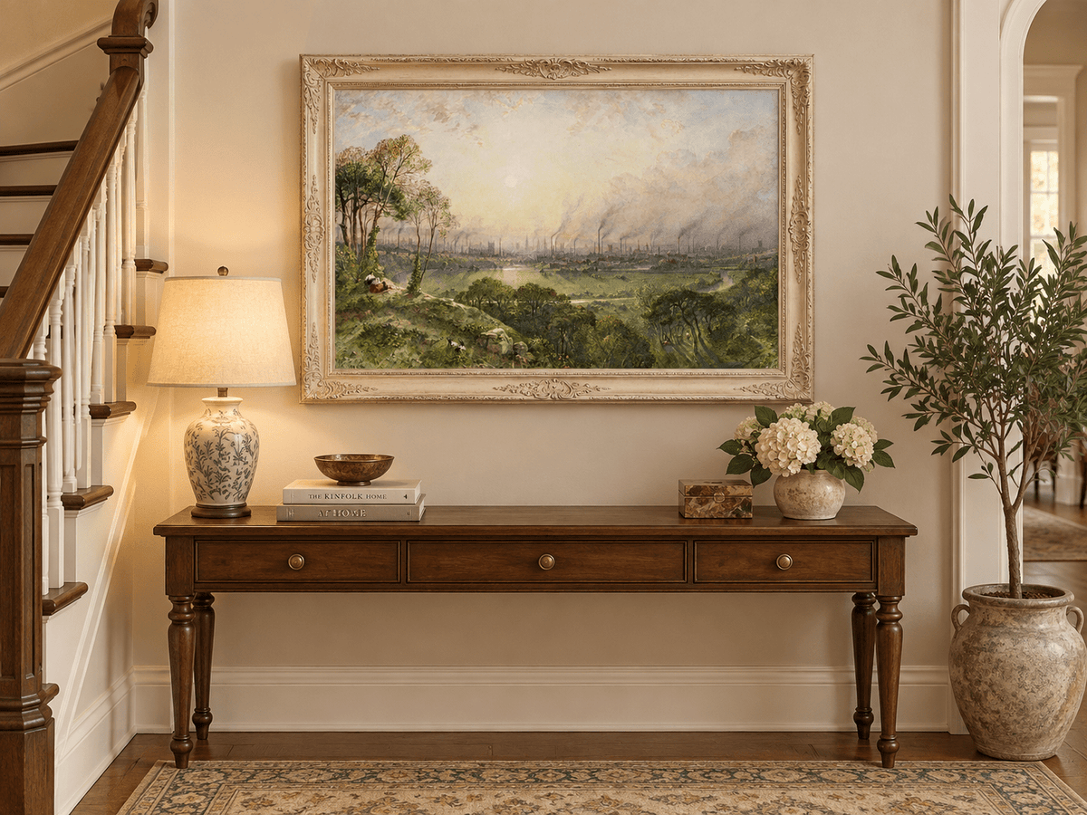 Hand-painted Sunlit Industrial City from Hillside landscape oil painting displayed as wall art in a styled interior