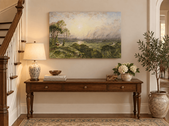 Hand-painted Sunlit Industrial City from Hillside landscape oil painting displayed as wall art in a styled interior