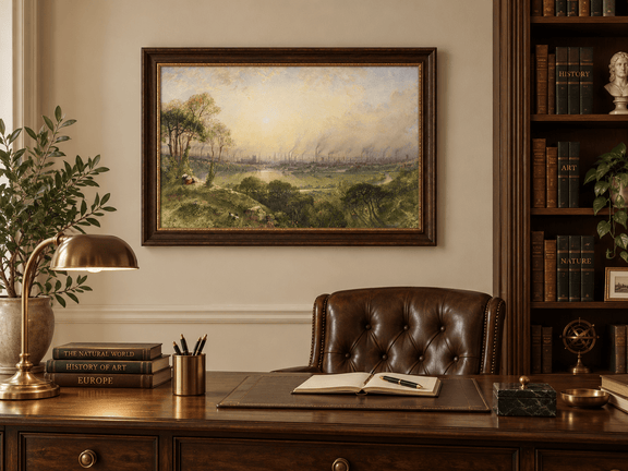 Hand-painted Sunlit Industrial City from Hillside landscape oil painting displayed as wall art in a styled interior