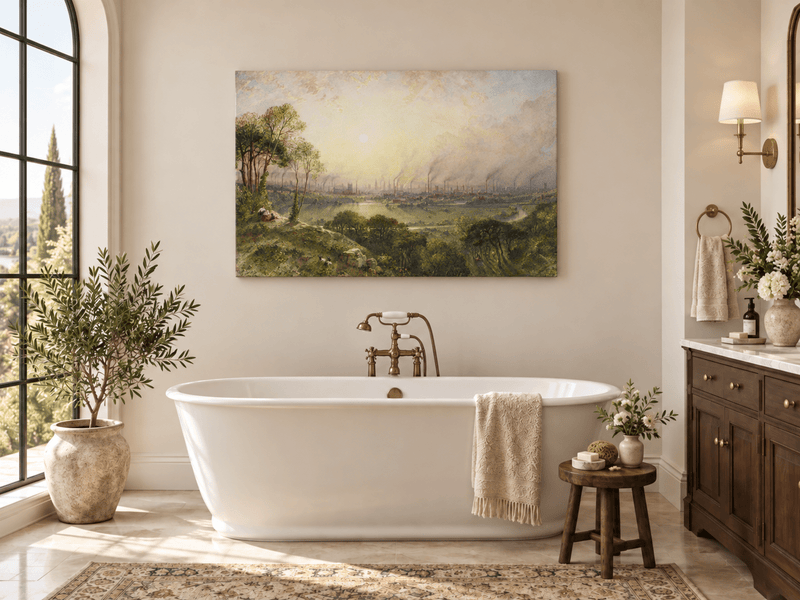 Hand-painted Sunlit Industrial City from Hillside landscape oil painting displayed as wall art in a styled interior