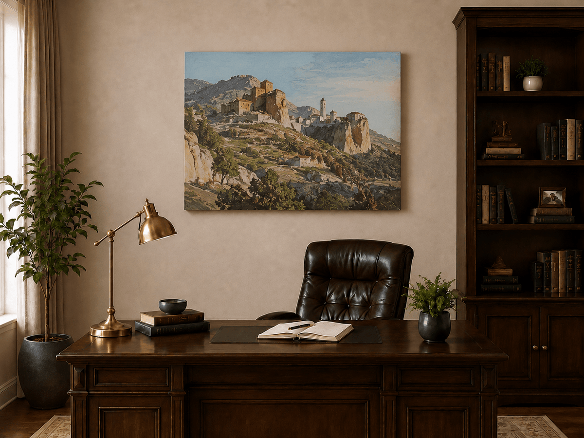 Peinture à l'huile de paysage - Gouffre rocheux spectaculaire avec personnages