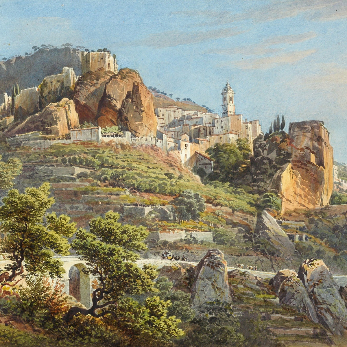 Hand-painted sunlit italian hill town and castle view landscape oil painting on canvas