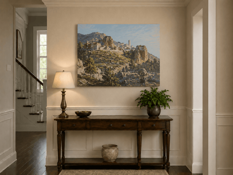 Peinture à l'huile de paysage - Gouffre rocheux spectaculaire avec personnages