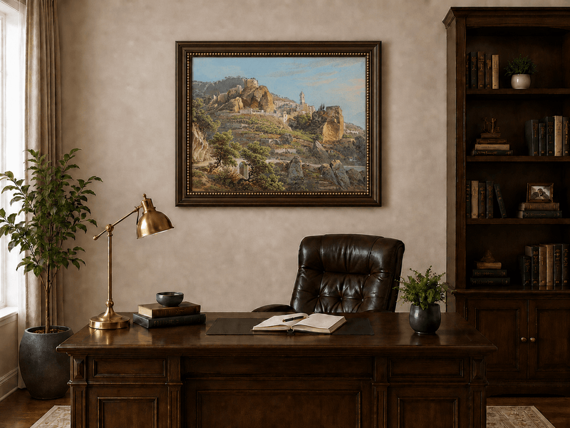 Peinture à l'huile de paysage - Gouffre rocheux spectaculaire avec personnages