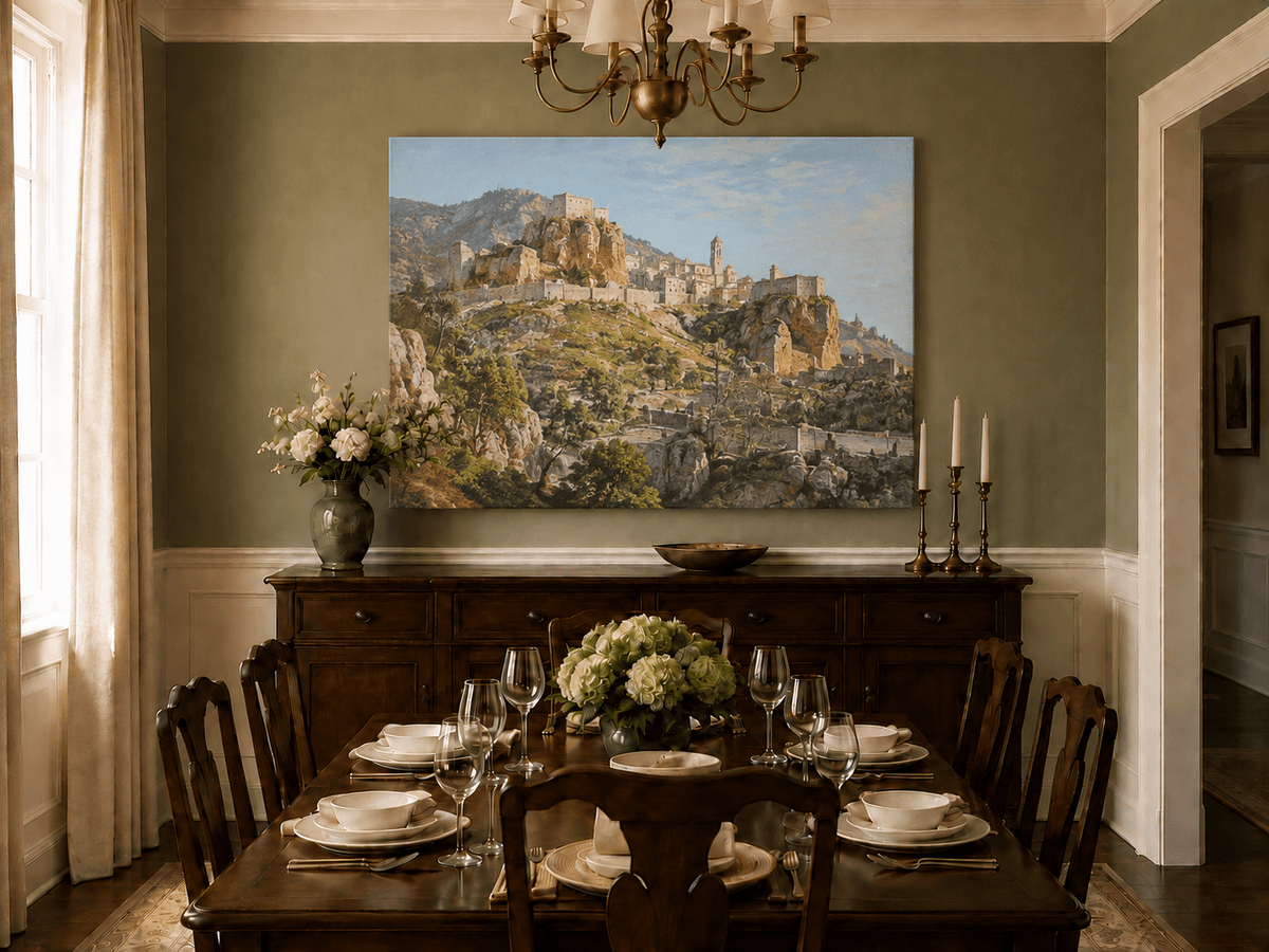 Peinture à l'huile de paysage - Gouffre rocheux spectaculaire avec personnages