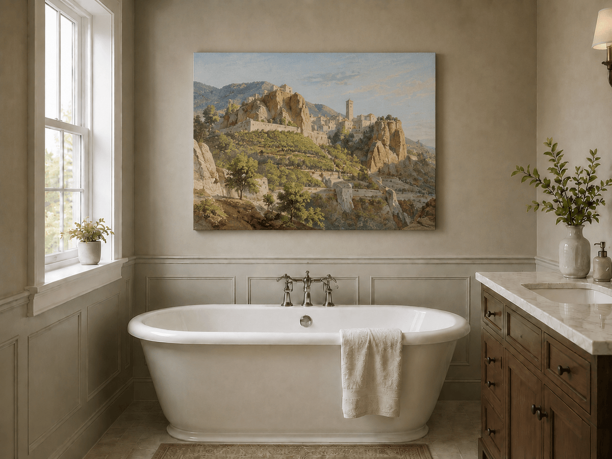 Peinture à l'huile de paysage - Gouffre rocheux spectaculaire avec personnages