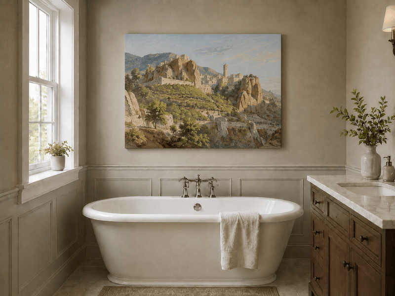 Peinture à l'huile de paysage - Gouffre rocheux spectaculaire avec personnages