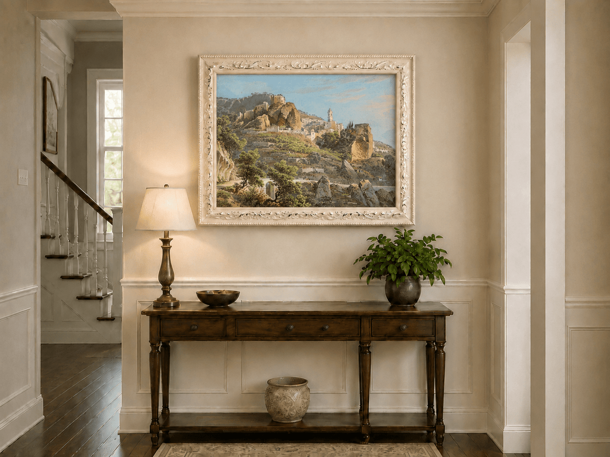 Peinture à l'huile de paysage - Gouffre rocheux spectaculaire avec personnages