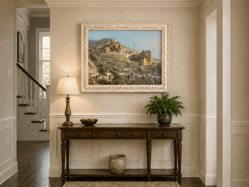 Peinture à l'huile de paysage - Gouffre rocheux spectaculaire avec personnages