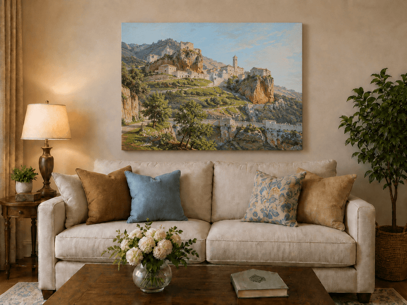 Peinture à l'huile de paysage - Gouffre rocheux spectaculaire avec personnages