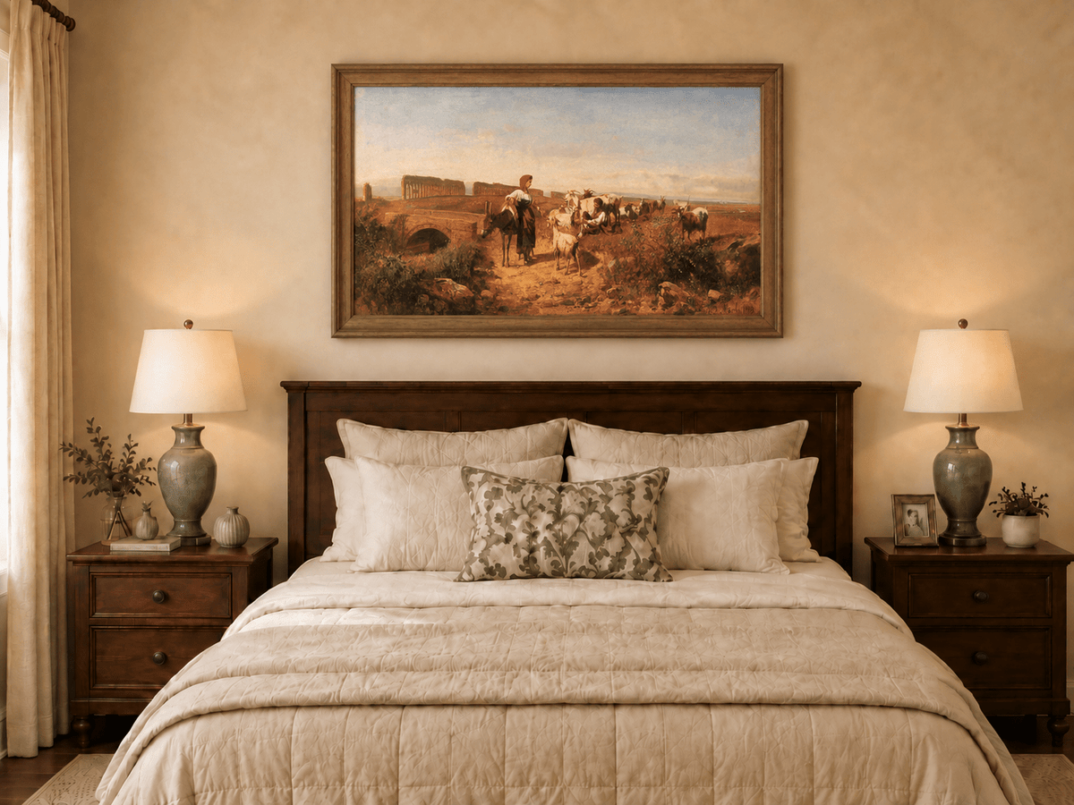Landscape Oil Painting - Sunlit Italian Landscape with Goats