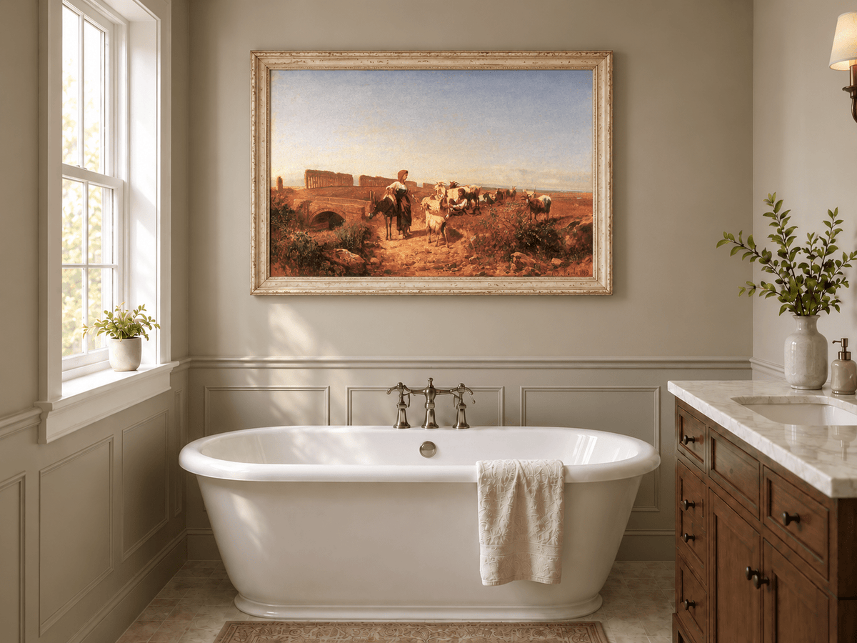 Landscape Oil Painting - Sunlit Italian Landscape with Goats