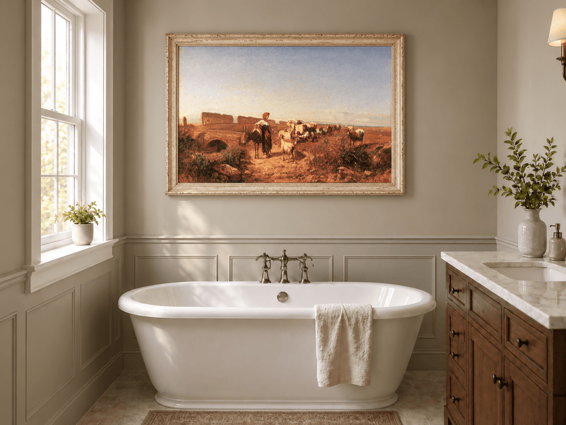 Landscape Oil Painting - Sunlit Italian Landscape with Goats