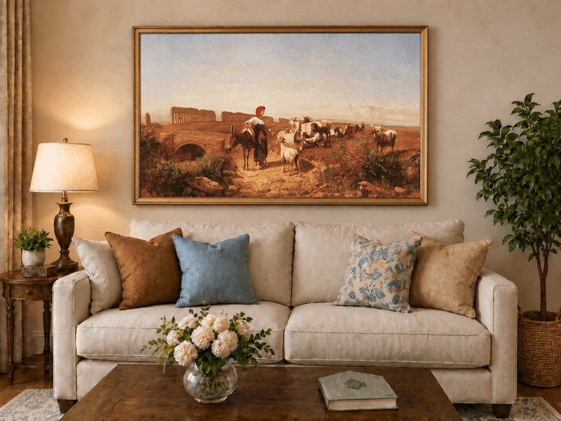 Landscape Oil Painting - Sunlit Italian Landscape with Goats