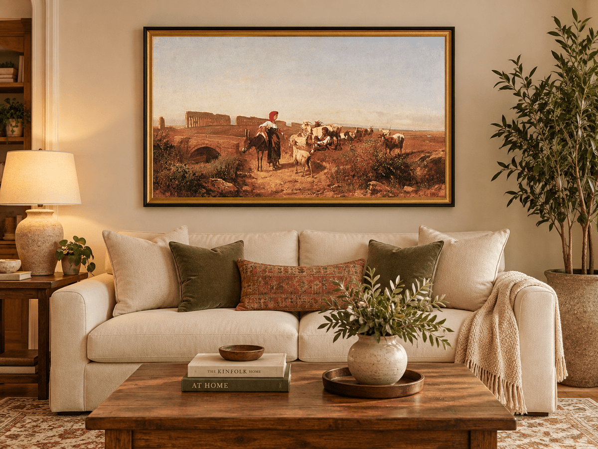 Landscape Oil Painting - Sunlit Italian Landscape with Goats