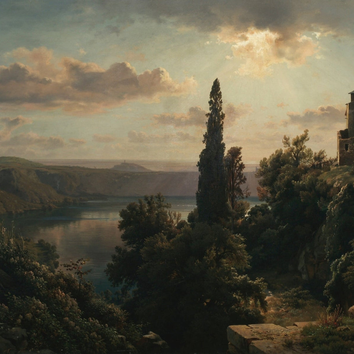 Hand-painted sunlit lake, cypress and hillside villa landscape oil painting on canvas