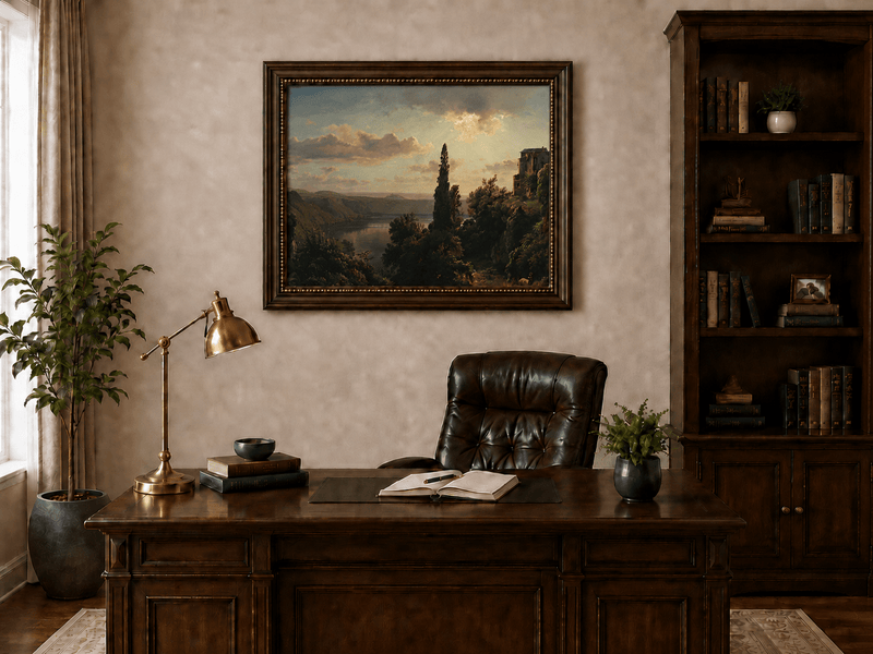 Landscape Oil Painting - Sunlit Lake, Cypress and Hillside Villa
