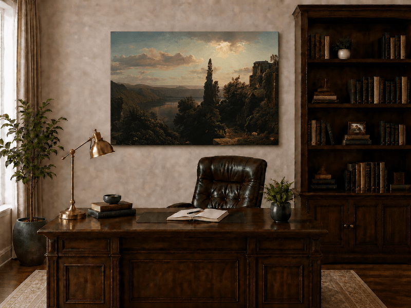 Landscape Oil Painting - Sunlit Lake, Cypress and Hillside Villa