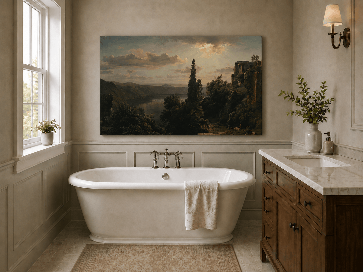 Landscape Oil Painting - Sunlit Lake, Cypress and Hillside Villa