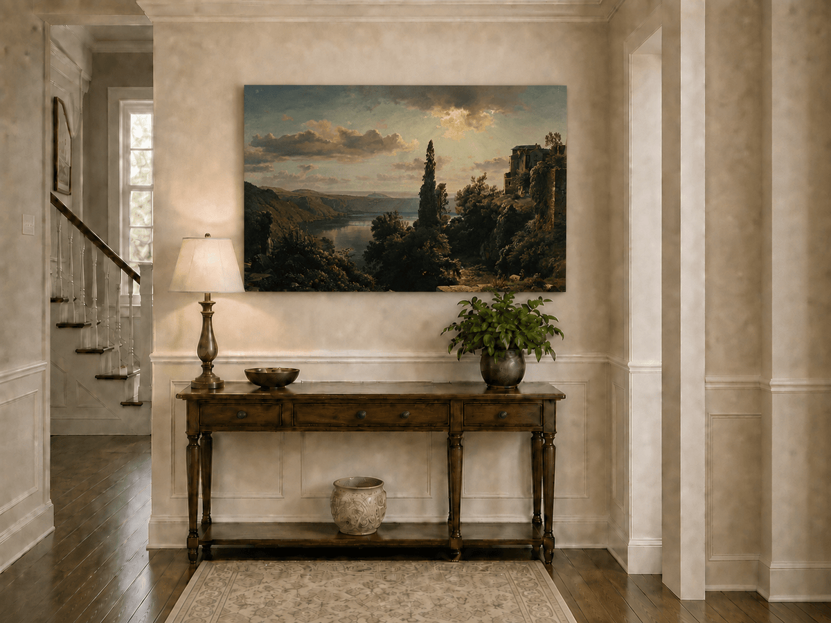 Landscape Oil Painting - Sunlit Lake, Cypress and Hillside Villa